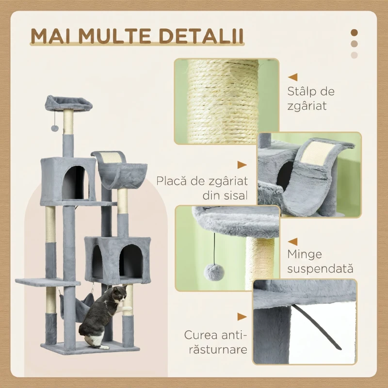 PawHut Ansamblu pentru Pisici cu Hamac, Pat și 2 Căsuțe, din Plăci Aglomerate și Plus, 55x49x177 cm, Gri și Alb