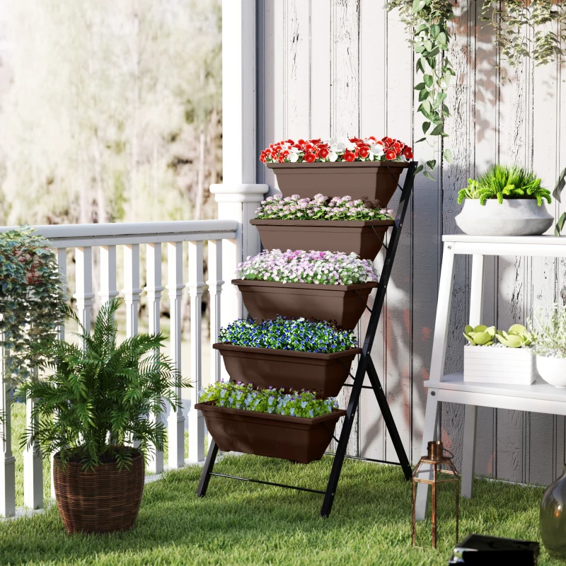 Outsunny Jardinière surélevée avec étages jardinière verticale avec 5 bacs à fleurs trous de drainage cadre en acier marron