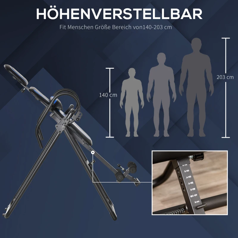HOMCOM inversiebank opvouwbare zwaartekrachttrainer met twee beweegbare wielen set rugkussen metaal ABS zwart + blauw 132 x 71 x 145 cm