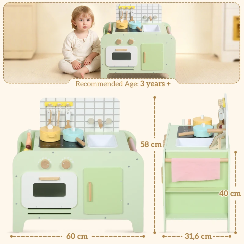 AIYAPLAY Set Cucina Giocattolo in Legno per Bambini da 3+ Anni con 15 Accessori, Verde