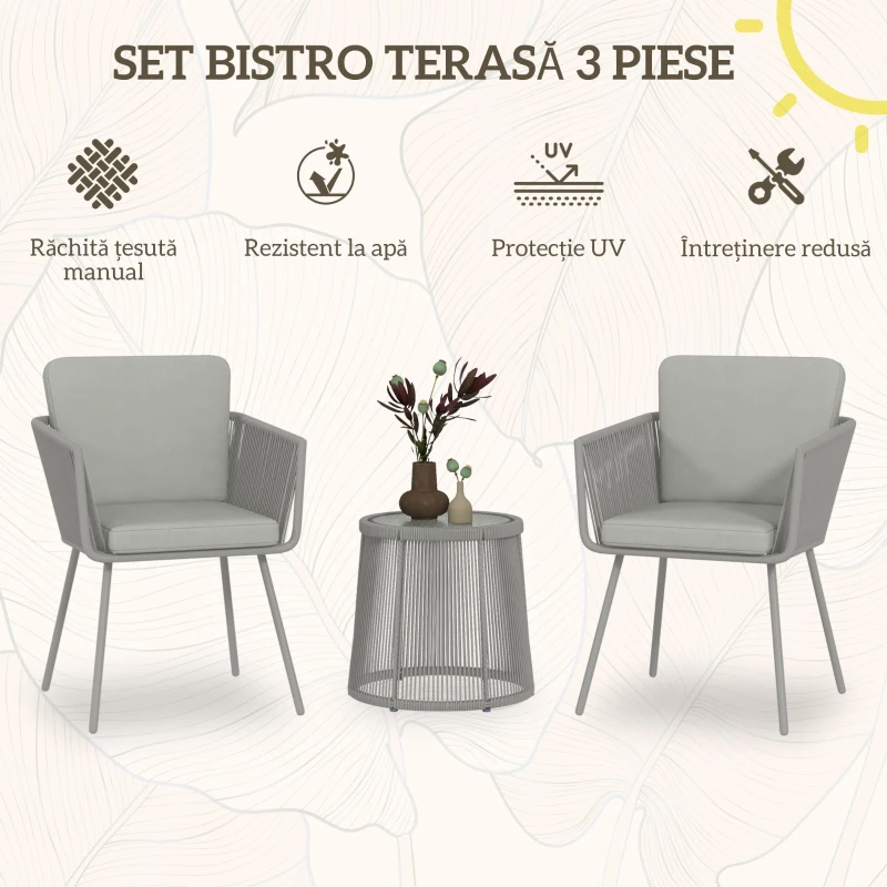 Outsunny Set de Exterior cu Măsuță din Sticlă și 2 Scaune de Grădină din Ratan Stil Boho, Gri Deschis