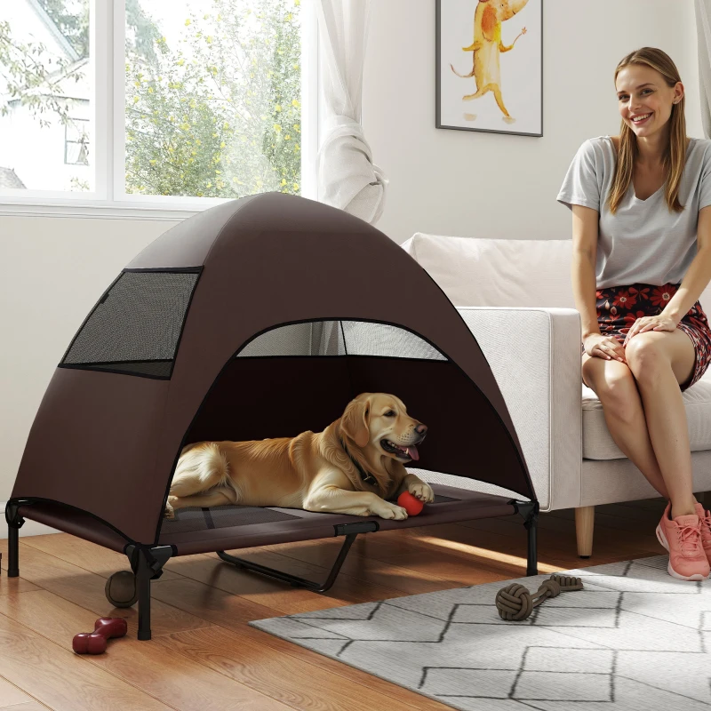 PawHut Hundeliege Outdoor mit Dach, Erhöhtes Hundebett für Große Hunde, 106 x 76 x 99 cm, Kaffee(m-10)
