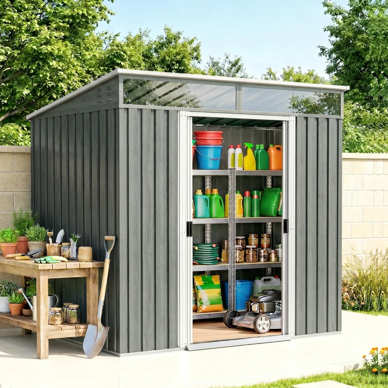 Outsunny Caseta de Jardín 195x122x181,5 cm con Puerta Corredera 2 Ventanas y Anti-UV para Almacenar Herramientas Gris Claro
