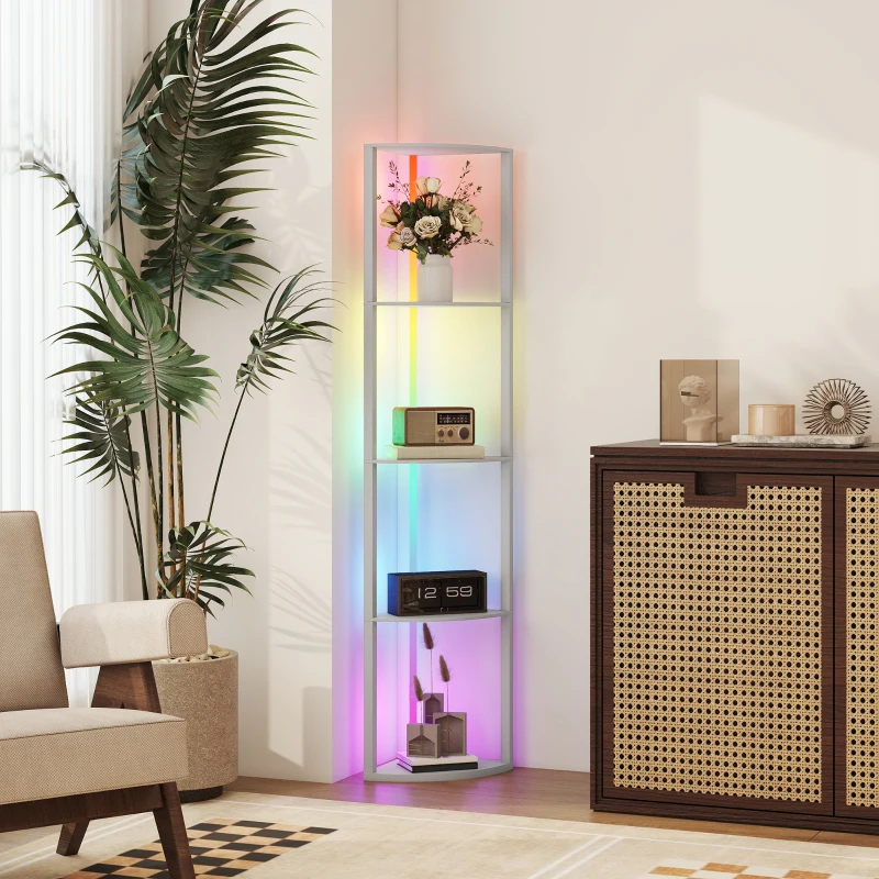 HOMCOM RGB LED Floor Lamp with Shelves, 4-Tier Dimmable Standing Lamp with Adjustable Brightness and Remote Control, Modern Corner Display Shelf Unit for Living Room Bedroom Office, Grey