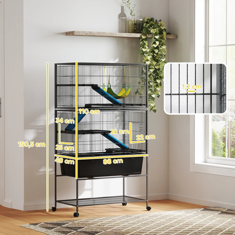 PawHut Gaiola para pequenos animais, gaiola para animais de estimação com 5 níveis, rampas antiderrapantes, rede, 88 x 48 x 150,5 cm, Cinza escuro