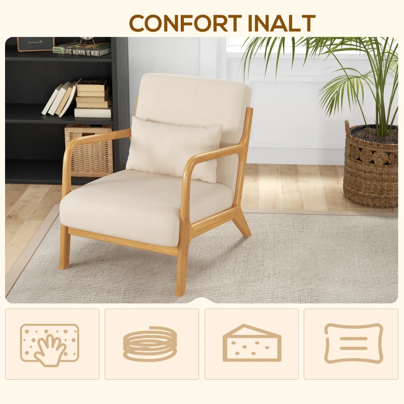 HOMCOM Fotoliu din Catifea cu Structură din Lemn, Tapițerie cu Arcuri în S și Pernă, 61x78x76 cm, Bej