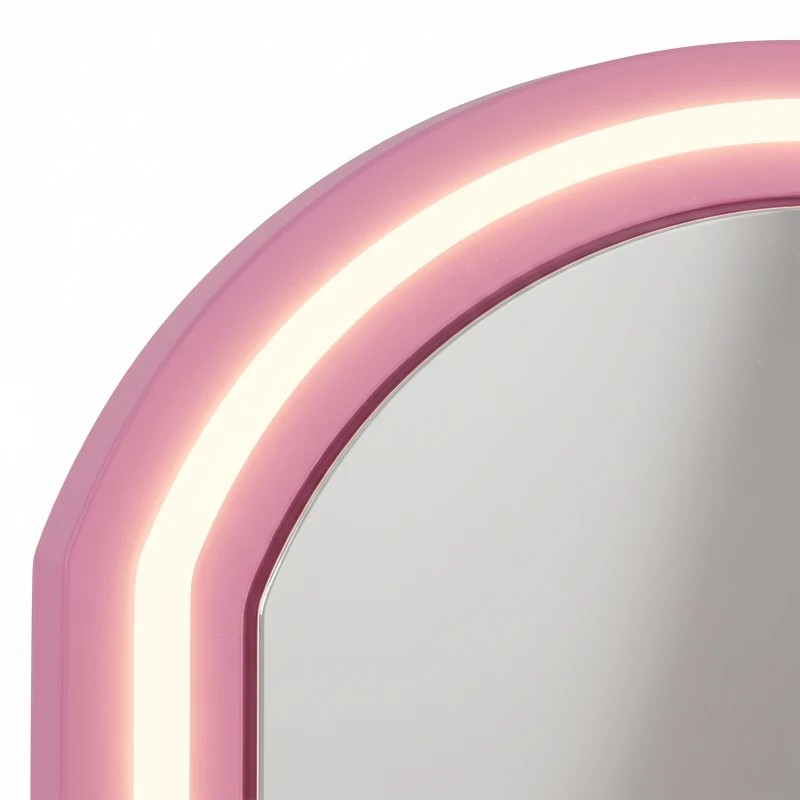 AIYAPLAY Kids Vanity Table and Chair Set, Girls Dressing Table with 2-Colour LED Mirror, Stool, Cabinet, Drawer, Shelves, Pink