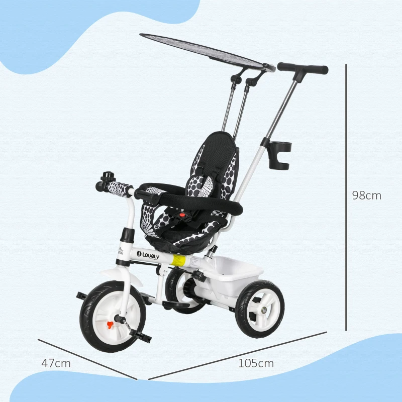 HOMCOM Triciclo per Bambini con Maniglione di Spinta, Tettuccio, Barra di Sicurezza e Box, 105x47x89 cm, Bianco e Nero
