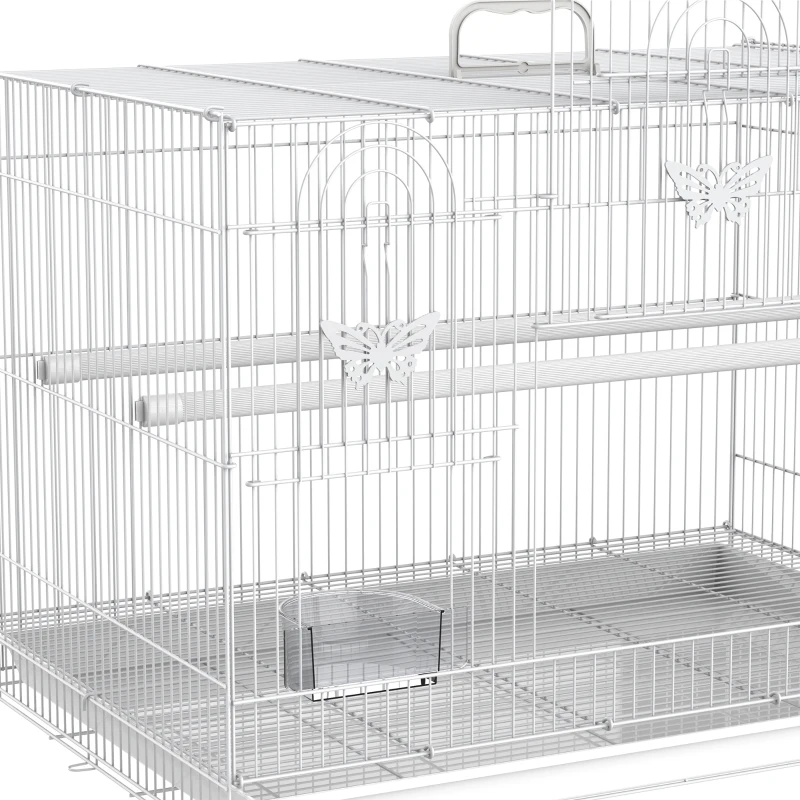 Colivie pentru Pasari din Metal cu Stinghii, Boluri pentru Mancare si Maner, 60x41x41cm, Alb