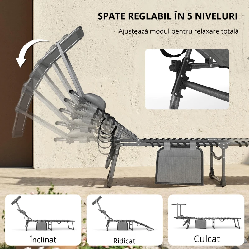 Outsunny Set de 2 șezlonguri pliabile cu pernă pentru cap, told, buzunar lateral și spătar reglabil în 5 poziții, gri