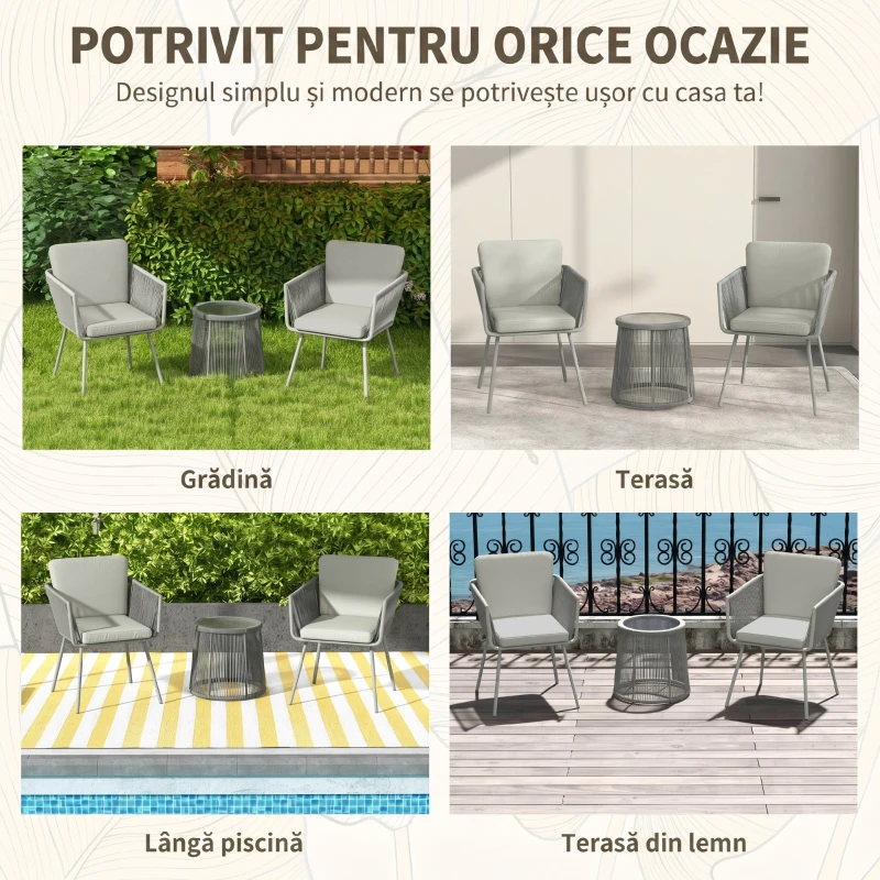 Outsunny Set de Exterior cu Măsuță din Sticlă și 2 Scaune de Grădină din Ratan Stil Boho, Gri Deschis
