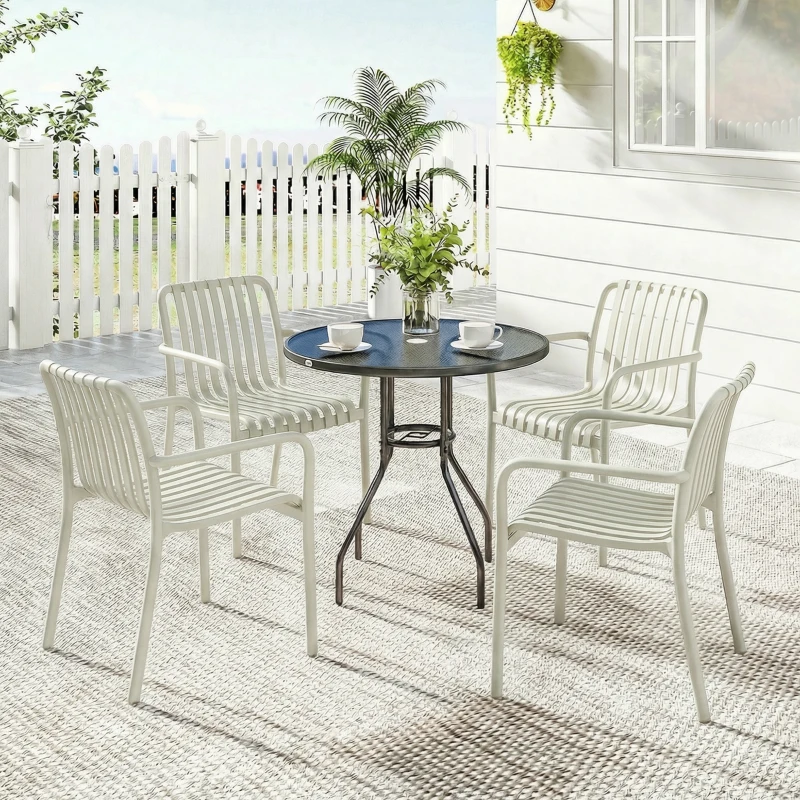 Outsunny Gartenstühle 4er Set Stapelbare Terrassenstühle mit Lamelldesign Armlehnen, Ergonomisch Cremeweiß