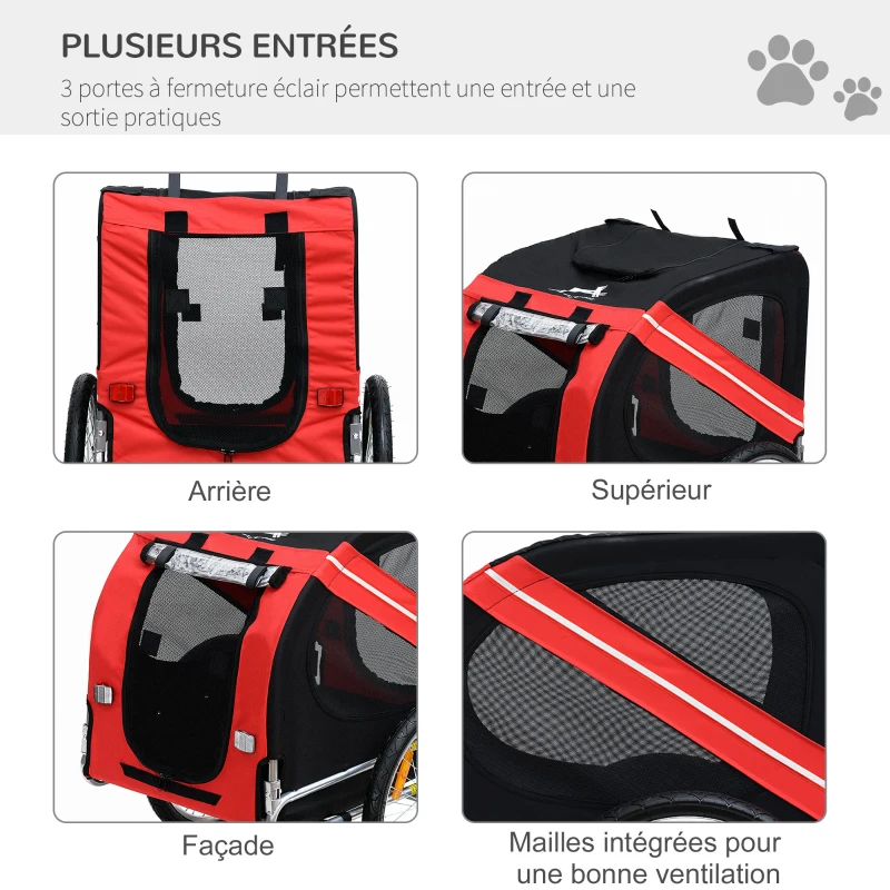 PawHut Remorque vélo pour Chien Animaux 8 réflecteurs Drapeau Barre attelage Inclus Acier Polyester imperméable Max. 30 Kg 130L x 73l x 90H cm Rouge