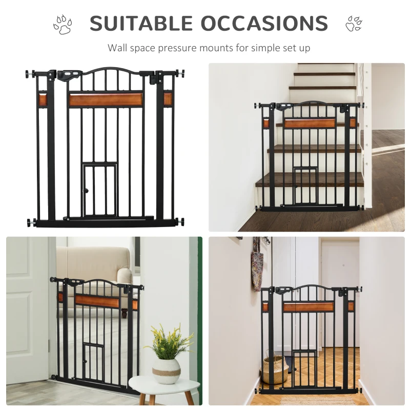 PawHut Barrière de sécurité pour animaux système de double verrouillage sans perçage 74 à 80 cm acier bois de pin noir