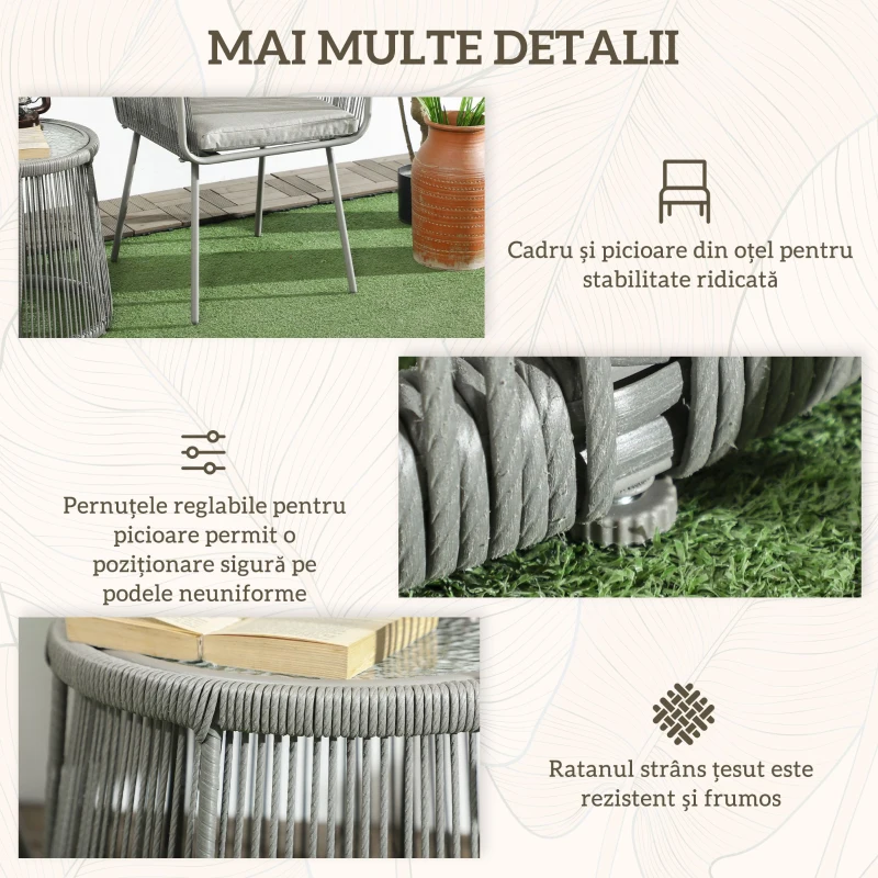 Outsunny Set de Exterior cu Măsuță din Sticlă și 2 Scaune de Grădină din Ratan Stil Boho, Gri Deschis