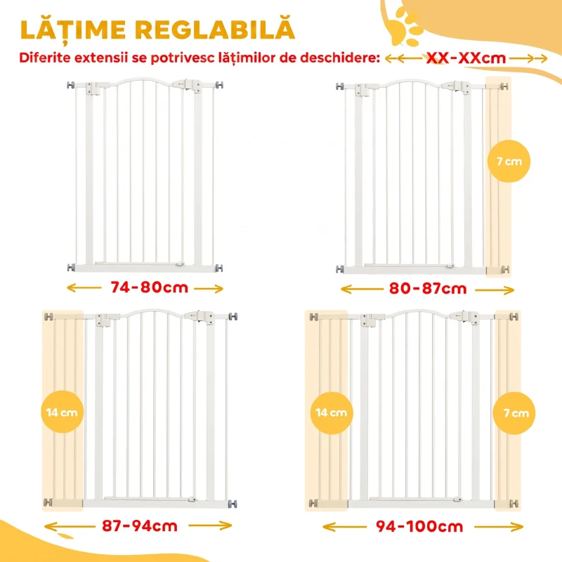 PawHut Poartă extensibilă pentru câini cu 4 șuruburi ajustabile, din metal și plastic, 74-100x94 cm, alb