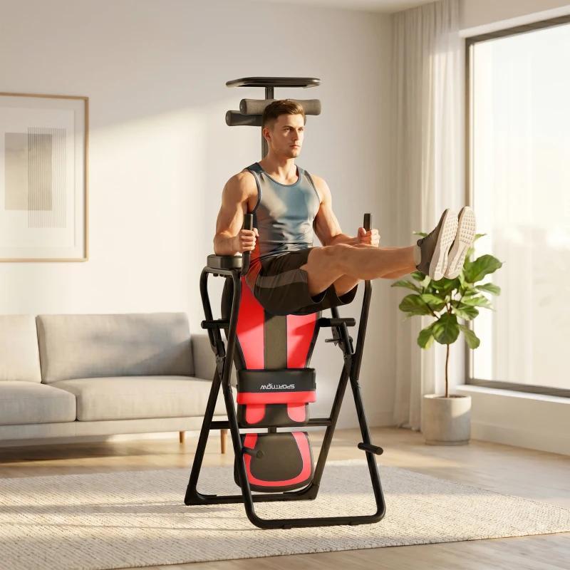 SPORTNOW Tabela de Inversão Dobrável com Elevações e Flexões Altura Ajustável 155-198 cm Ângulos 20° 40° 60° Cinto Vermelho