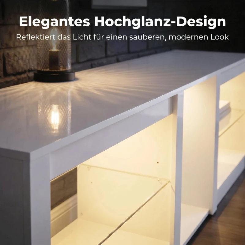 HOMCOM TV-Lowboard mit RGB-LED-Beleuchtung, Modernes TV-Möbel mit verstellbaren Glasböden, für Fernseher bis 75 Zoll, Weiß
