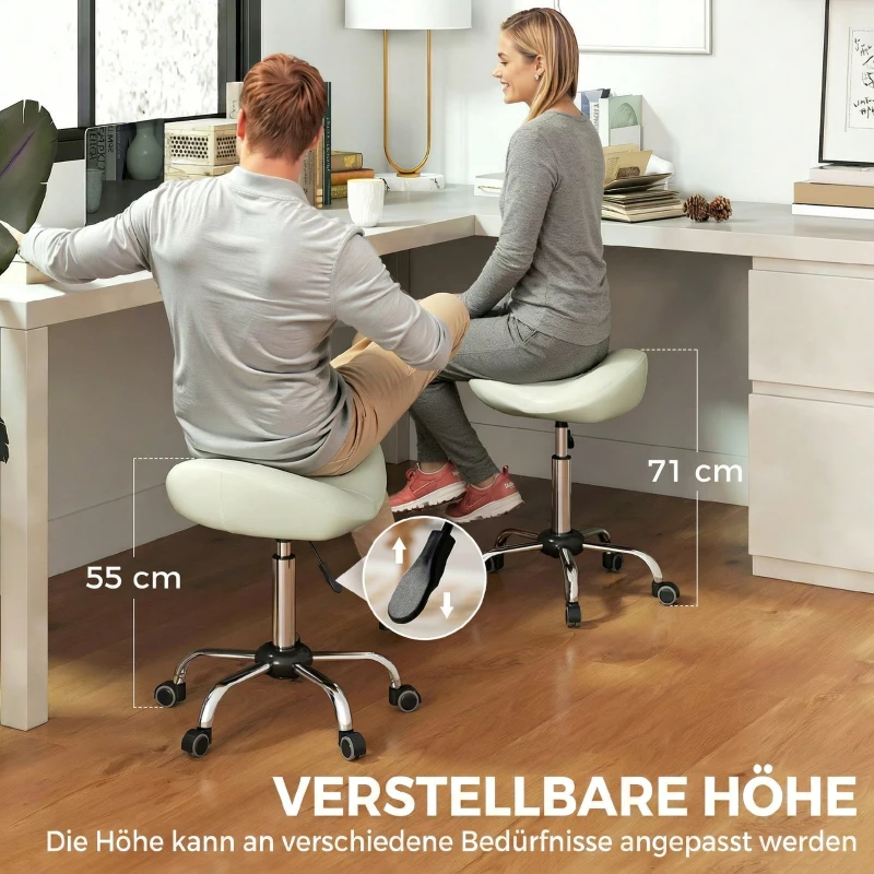 HOMCOM Sattelstuhl, höhenverstellbarer Rollstuhl mit PU-Leder für Massage, Spa, Klinik, Beauty und Tattoo, Cremeweiß