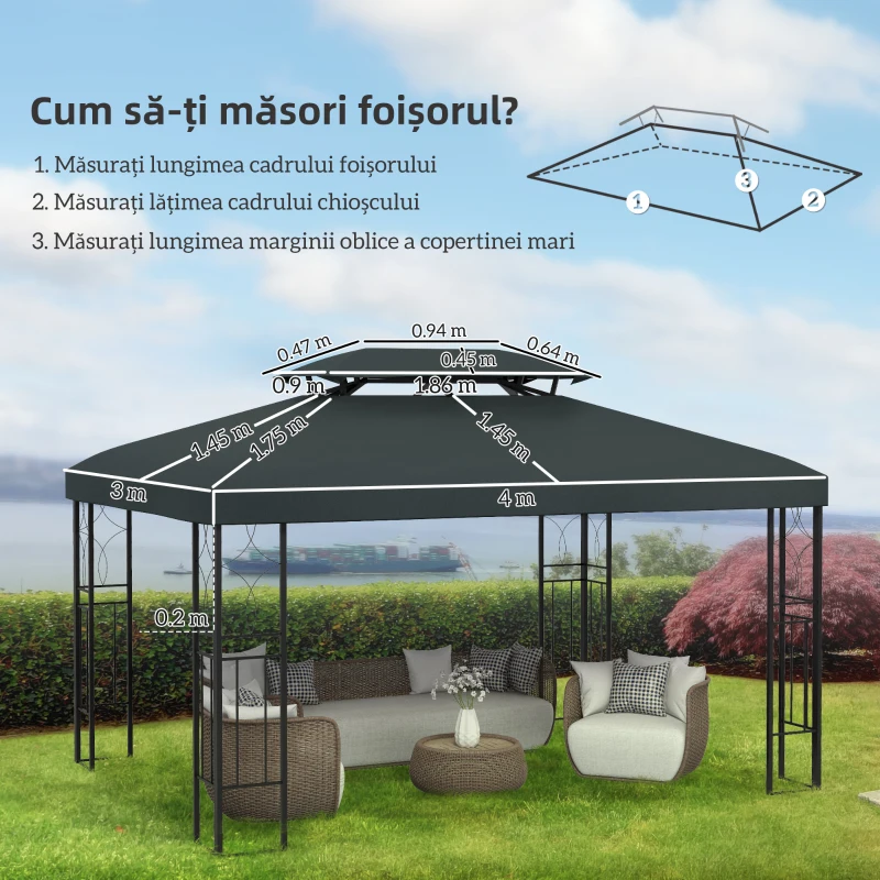 Outsunny Acoperire pentru Gazebo 4x3 m cu 2 Niveluri din Poliester cu Curele și 10 Orificii de Drenaj, Gri Antracit