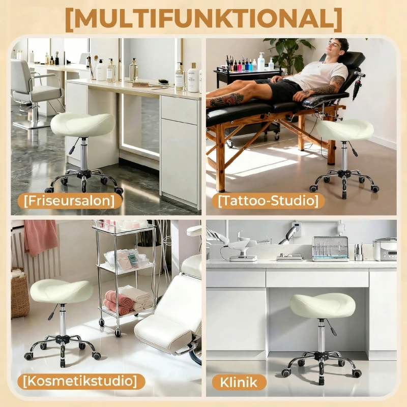 HOMCOM Sattelstuhl, höhenverstellbarer Rollstuhl mit PU-Leder für Massage, Spa, Klinik, Beauty und Tattoo, Cremeweiß