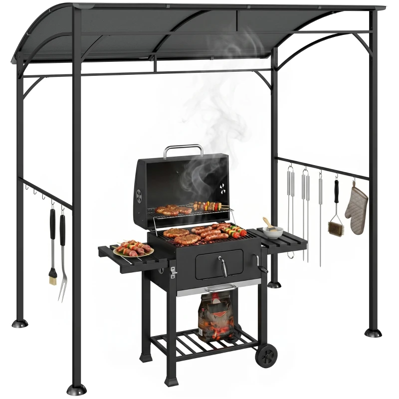 Outsunny Grillpaviljoen, Grillafdekking, Regenbescherming, Haken voor Gereedschap, Stalen Frame, Donkergrijs, 215 x 150 x 182/220 cm