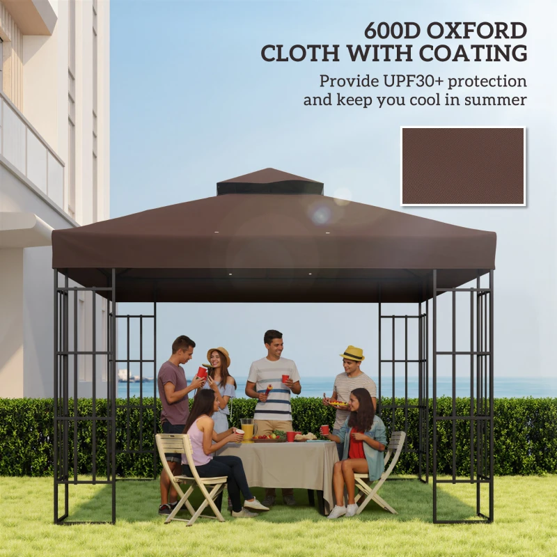 Outsunny Acoperiș de Schimb pentru Foișor 3x3 m cu 2 Niveluri pentru Grădină, Pânză Rezistentă la Apă din Țesătură Oxford 370g/㎡ Anti-UV 30+ cu Orificii de Drenaj, Cafea