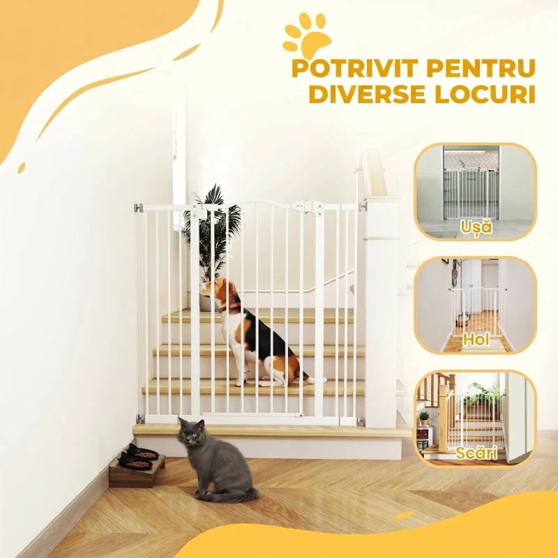 PawHut Poartă extensibilă pentru câini cu 4 șuruburi ajustabile, din metal și plastic, 74-100x94 cm, alb