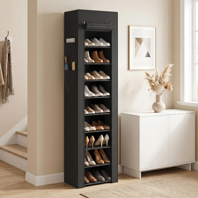 HOMCOM Metalen schoenenrek met stofdichte stoffen hoes, voor 20 paar schoenen, 45 x 30 x 175 cm, zwart