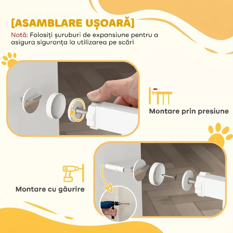 PawHut Poartă extensibilă pentru câini cu 4 șuruburi ajustabile, din metal și plastic, 74-100x94 cm, alb