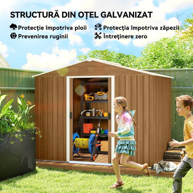 Outsunny Căsuță de Grădină din Oțel cu Uși Glisante, 236x174x190 cm, Maro