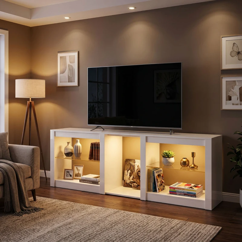 HOMCOM TV-Lowboard mit RGB-LED-Beleuchtung, Modernes TV-Möbel mit verstellbaren Glasböden, für Fernseher bis 75 Zoll, Weiß