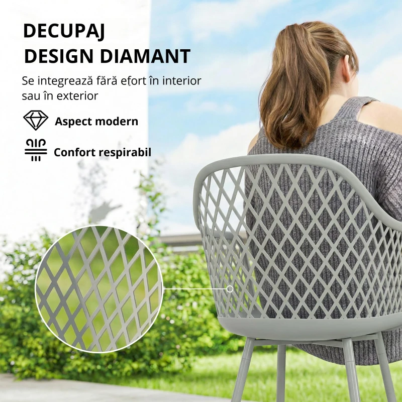 Outsunny Set de 4 Scaune de Grădină Exterioare din PP cu Spătar Diamant Șezut Anti-UV Cotiere și Picioare Metalice Gri