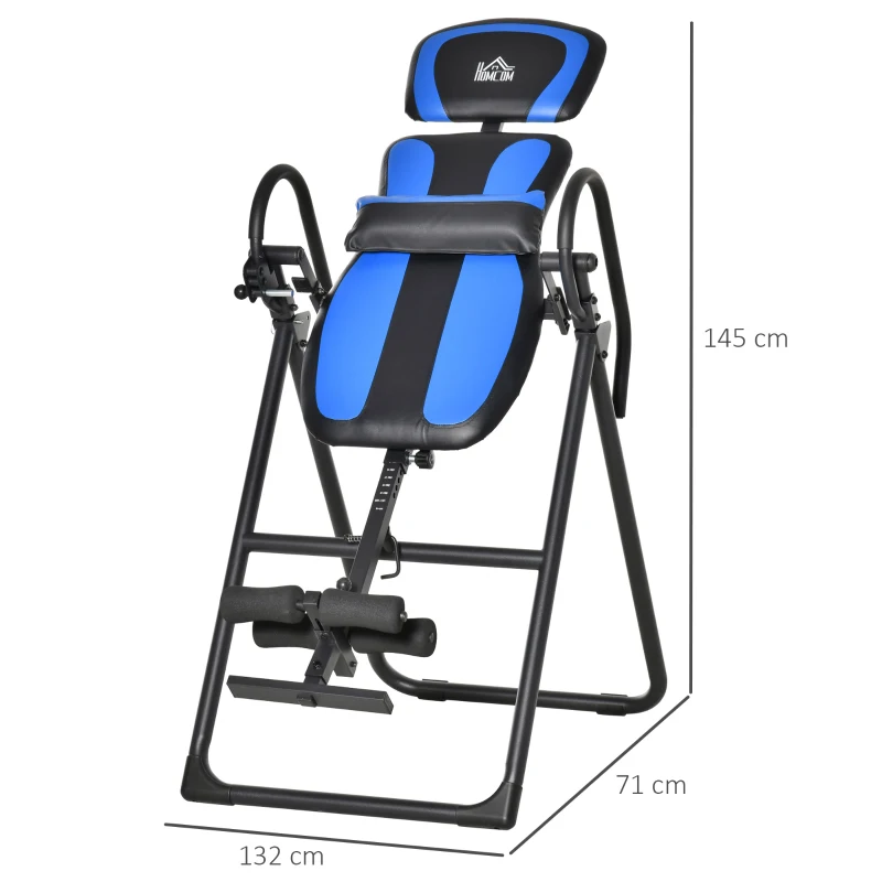 HOMCOM inversiebank opvouwbare zwaartekrachttrainer met twee beweegbare wielen set rugkussen metaal ABS zwart + blauw 132 x 71 x 145 cm