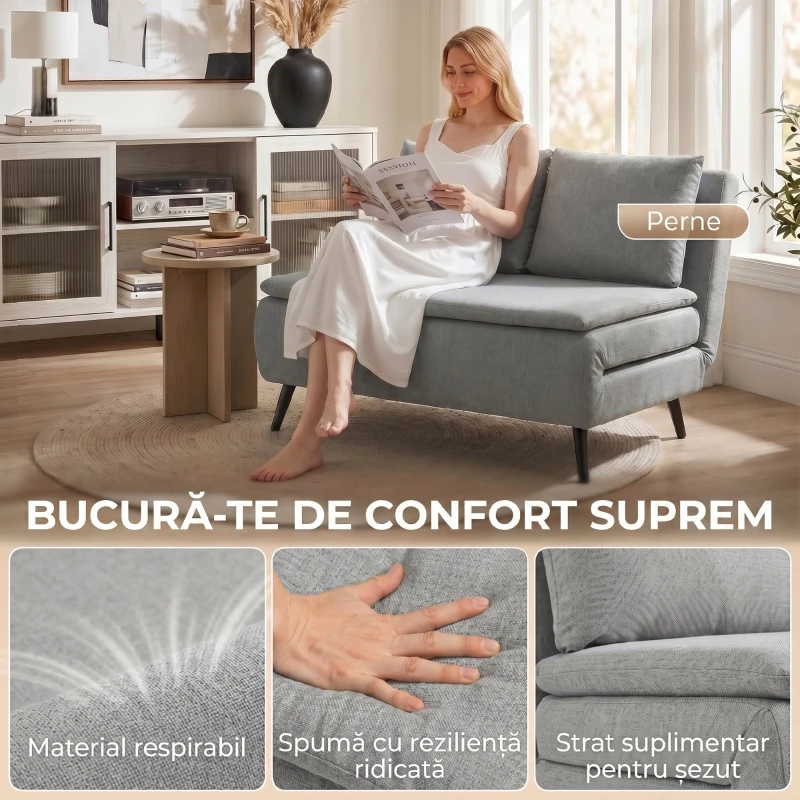HOMCOM Canapea Extensibilă 2 Persoane 3 în 1 din Material Tip In cu 2 Perne, Cadru din Eucalipt, Gri Deschis