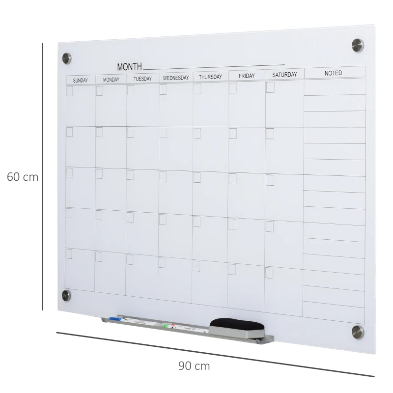 Vinsetto kalenderbord glasplaat met 4 glasclip markers gum aluminium pennenhouder magneetbord voor maandplanning magnetische weekplanner planbord wit 90 x 60 x 0,2 cm