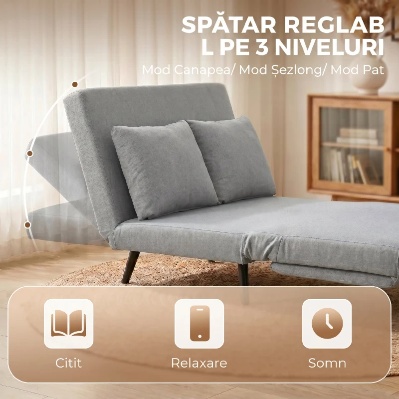 HOMCOM Canapea Extensibilă 2 Persoane 3 în 1 din Material Tip In cu 2 Perne, Cadru din Eucalipt, Gri Deschis