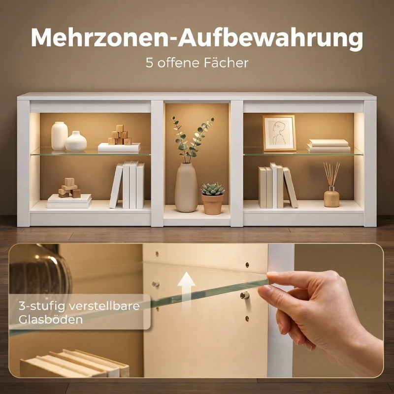 HOMCOM TV-Lowboard mit RGB-LED-Beleuchtung, Modernes TV-Möbel mit verstellbaren Glasböden, für Fernseher bis 75 Zoll, Weiß