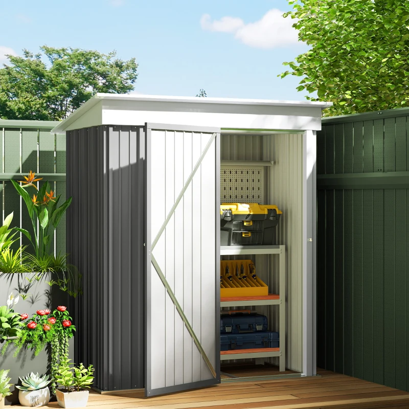 Outsunny Metal Garden Shed, Outdoor Lean-to Shed for Tool Motor Bike, with Adjustable Shelf, Lock, Gloves, 5'x3'x6', Grey