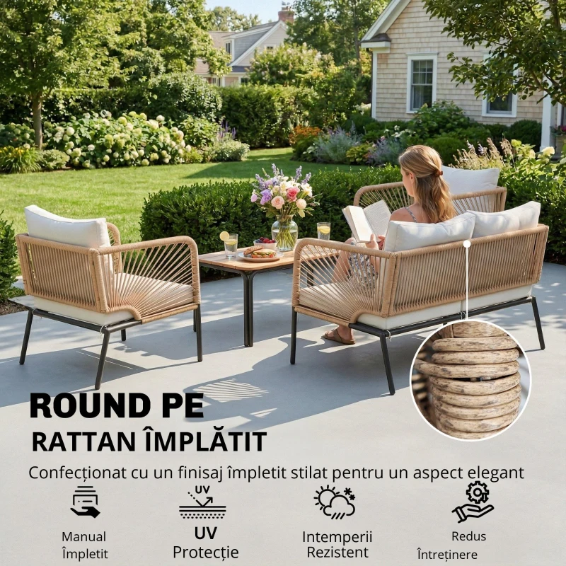 Outsunny Set mobilier de grădină, grup de șezut pentru 4 persoane, lounge cu sofă 2 locuri, 2 fotolii, masă cu lamele, împletitură tip sfoară, perne lavabile