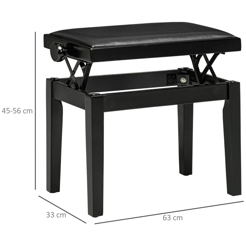 HOMCOM Banco de piano, assento de piano, altura ajustável, acabamento elegante brilhante, couro sintético+madeira de borracha, preto, 63 x 33 x 56 cm