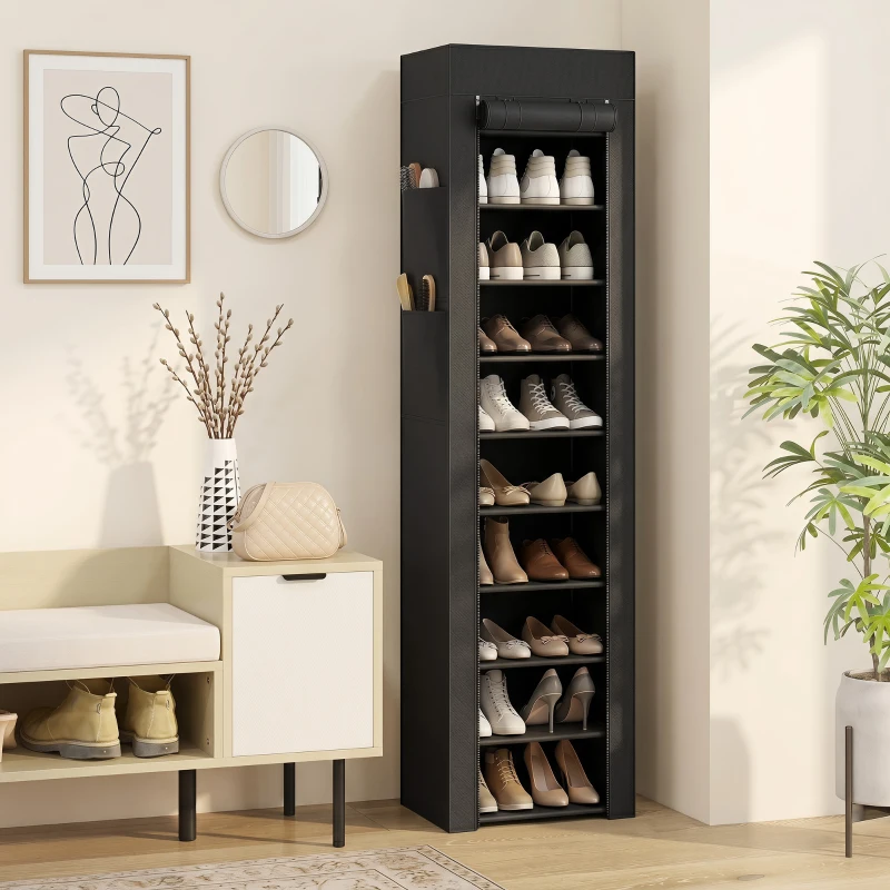 HOMCOM Metalen schoenenrek met stofdichte stoffen hoes, voor 20 paar schoenen, 45 x 30 x 175 cm, zwart