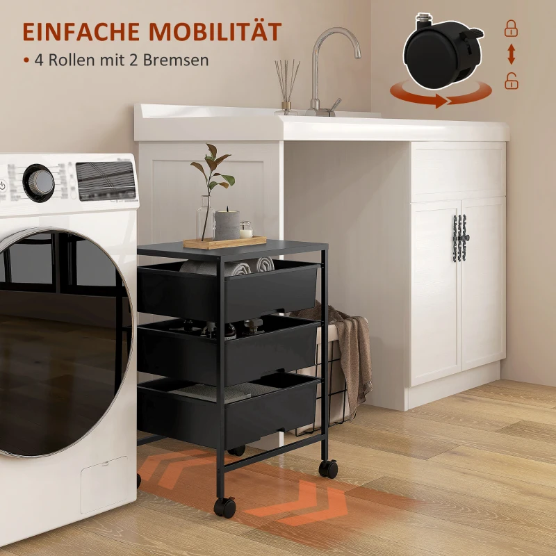 HOMCOM Bijzettafel op Wielen, 3 Manden voor Transport en Opslag, Keukenwagen, 40,8L x 33,5B x 60,5H cm, Zwart