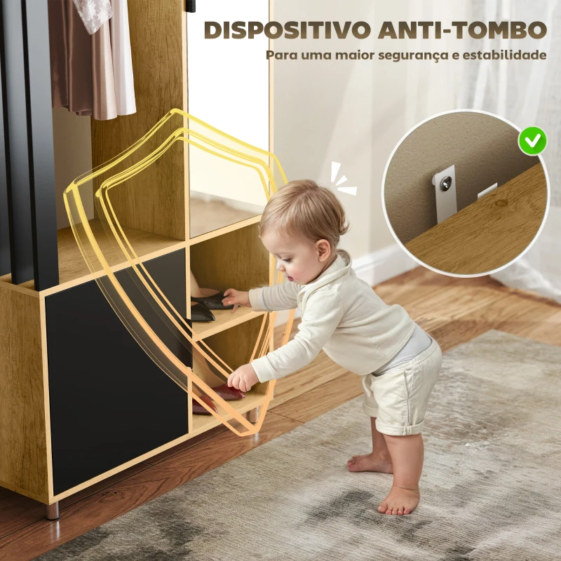 HOMCOM Roupeiro com Espelho e Porta Barra para Pendurar 2 Compartimentos Abertos Estilo Moderno 80x30x170 cm Madeira e Preto