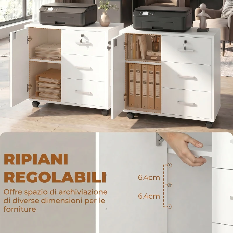 HOMCOM Schedario per Ufficio con 3 Cassetti e Armadietto con 3 Ripiani Regolabili, in Legno, 60x40x56 cm, Bianco
