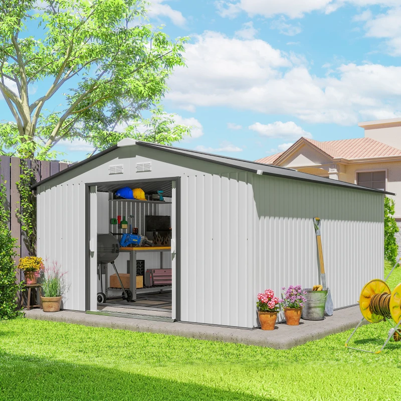 Outsunny Casetta da Giardino 3.4x3.8x2 m in Acciaio con Doppia Porta Scorrevole e Tetto Inclinato, Argento
