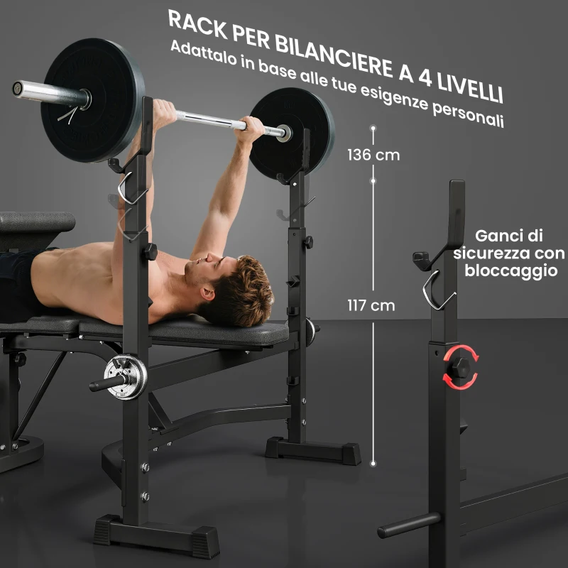HOMCOM Panca Multifunzione Regolabile con Rack Bilanciere, in Acciaio e PU, 73.5x55x46-53.5 cm, Grigio e Nero