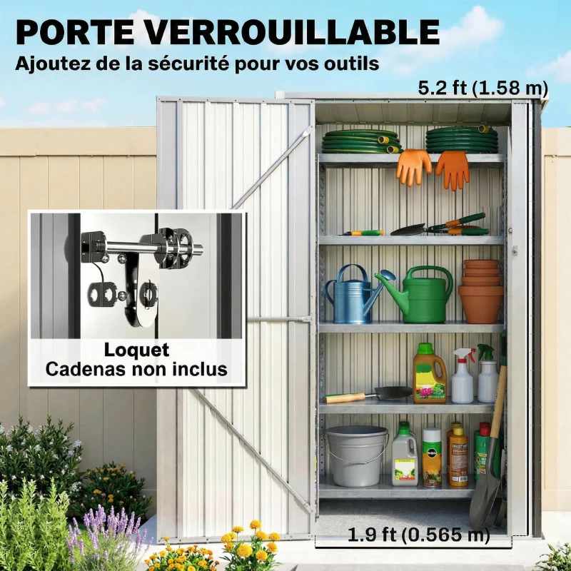 Outsunny Abri de Jardin Armoire de Jardin 0,69m² Toit Incliné Porte Verrouillable et Barres de Soutien 83x89x163cm Gris Anthracite