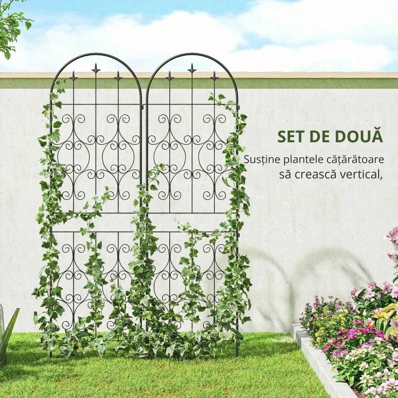 Outsunny Set de 2 Suporturi pentru Plante Cățărătoare, Trelițe de Grădină, pentru Legume, Viță-de-vie, Flori, din Metal, 50 x 180 cm, Negru