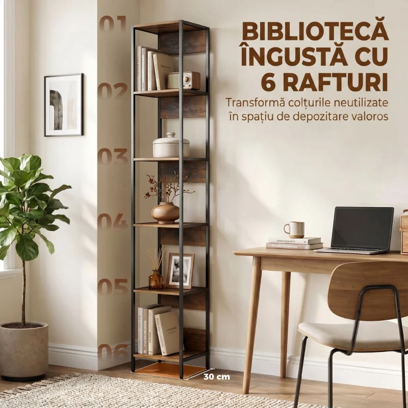 HOMCOM Bibliotecă cu 6 Rafturi, Finisaj Lemn Maro